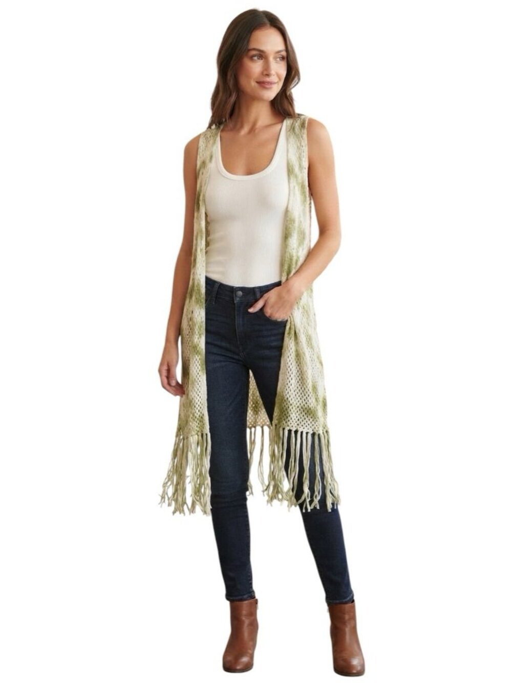 Ali Miles Women's Sage Green Cotton Crochet Knit Sleeveless Fringe Vest Cover Up